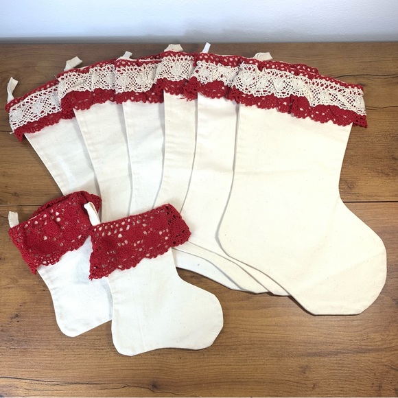 Set of 8 Cream with Red Lace Trim Stockings Christmas - Picture 1 of 11